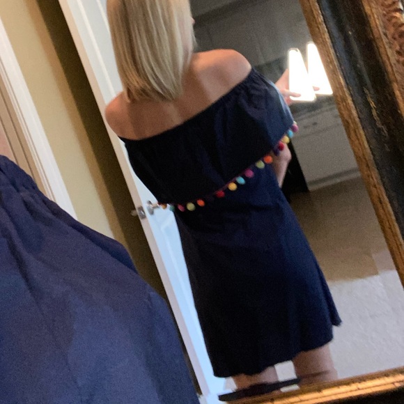 Strapless Navy dress with colorful Pom poms - Picture 3 of 5